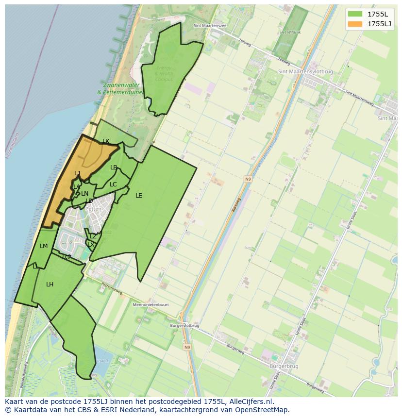Afbeelding van het postcodegebied 1755 LJ op de kaart.