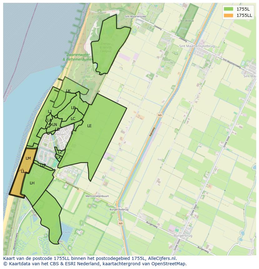 Afbeelding van het postcodegebied 1755 LL op de kaart.