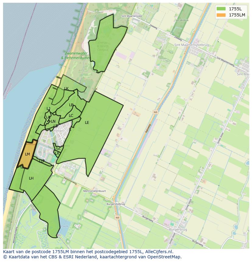 Afbeelding van het postcodegebied 1755 LM op de kaart.
