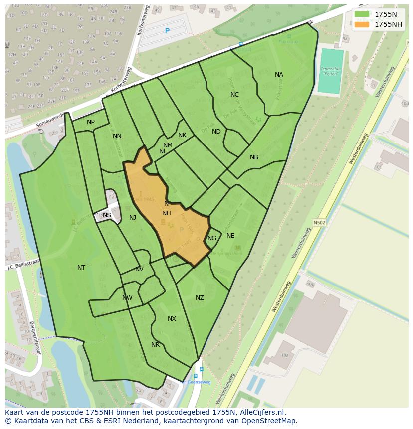 Afbeelding van het postcodegebied 1755 NH op de kaart.