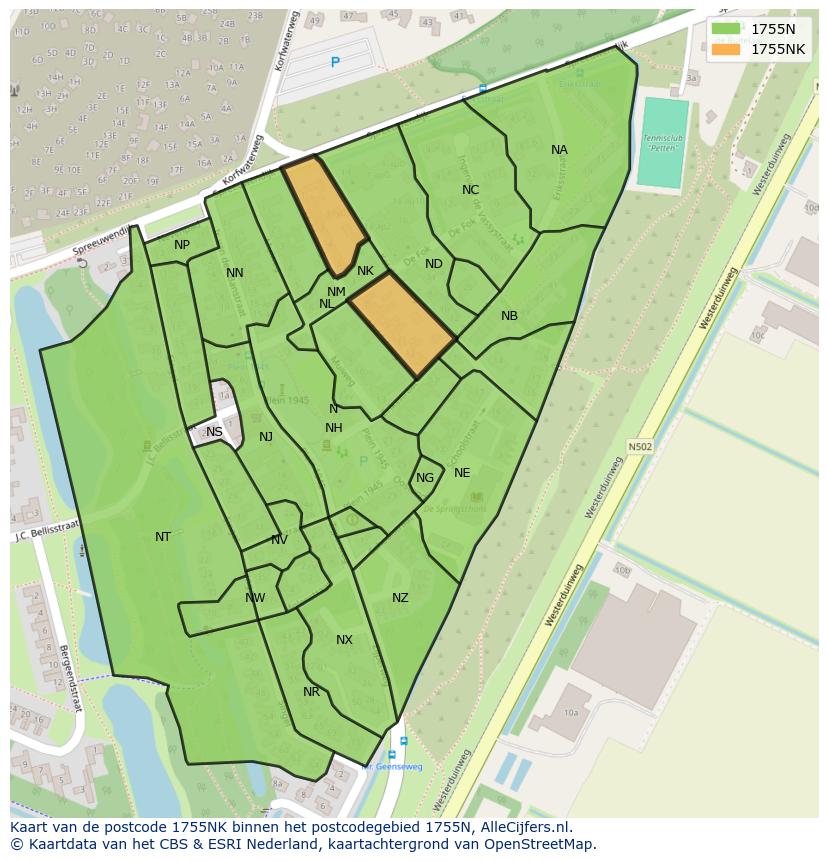 Afbeelding van het postcodegebied 1755 NK op de kaart.