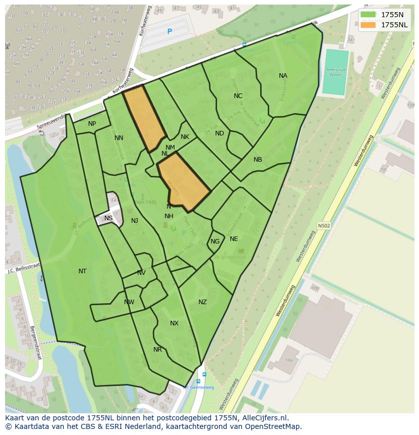 Afbeelding van het postcodegebied 1755 NL op de kaart.