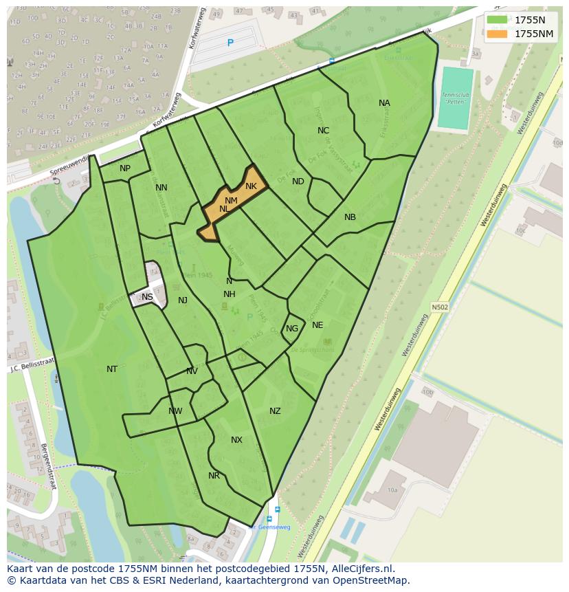 Afbeelding van het postcodegebied 1755 NM op de kaart.