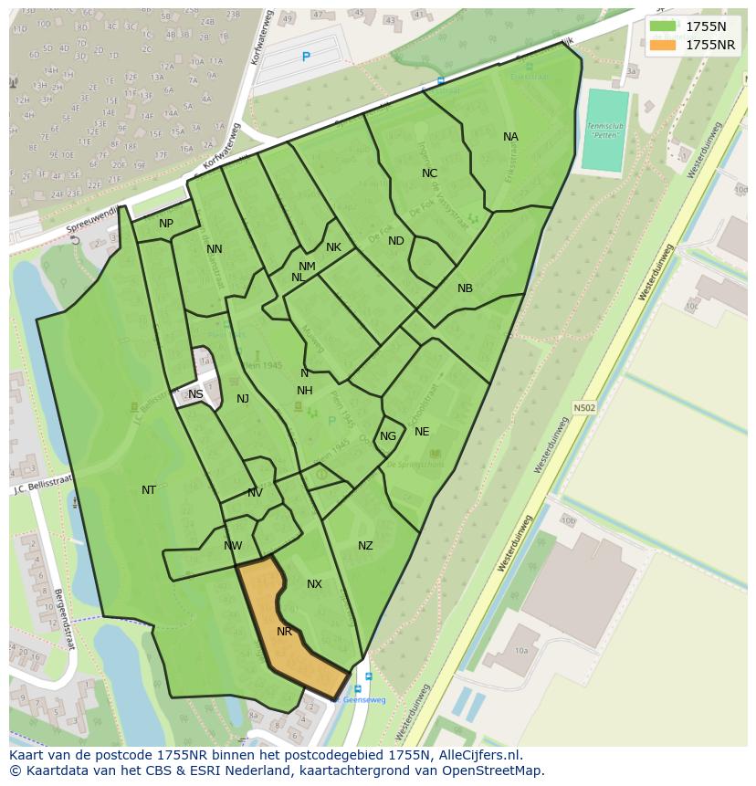 Afbeelding van het postcodegebied 1755 NR op de kaart.