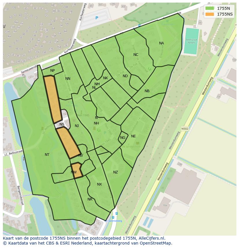 Afbeelding van het postcodegebied 1755 NS op de kaart.