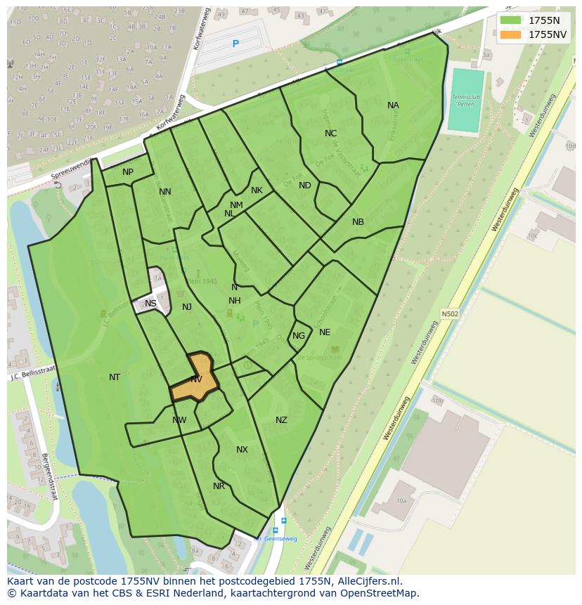 Afbeelding van het postcodegebied 1755 NV op de kaart.