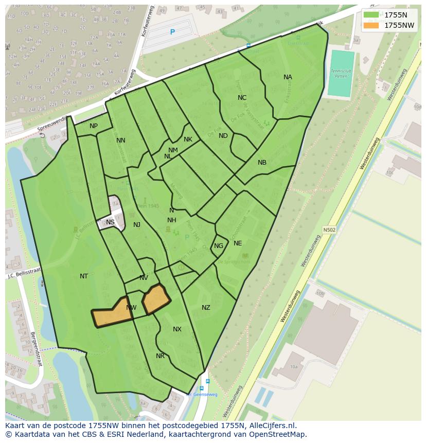 Afbeelding van het postcodegebied 1755 NW op de kaart.