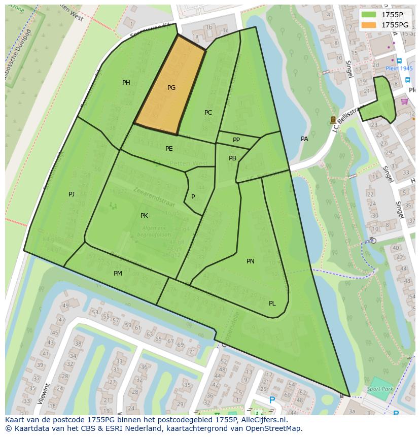 Afbeelding van het postcodegebied 1755 PG op de kaart.