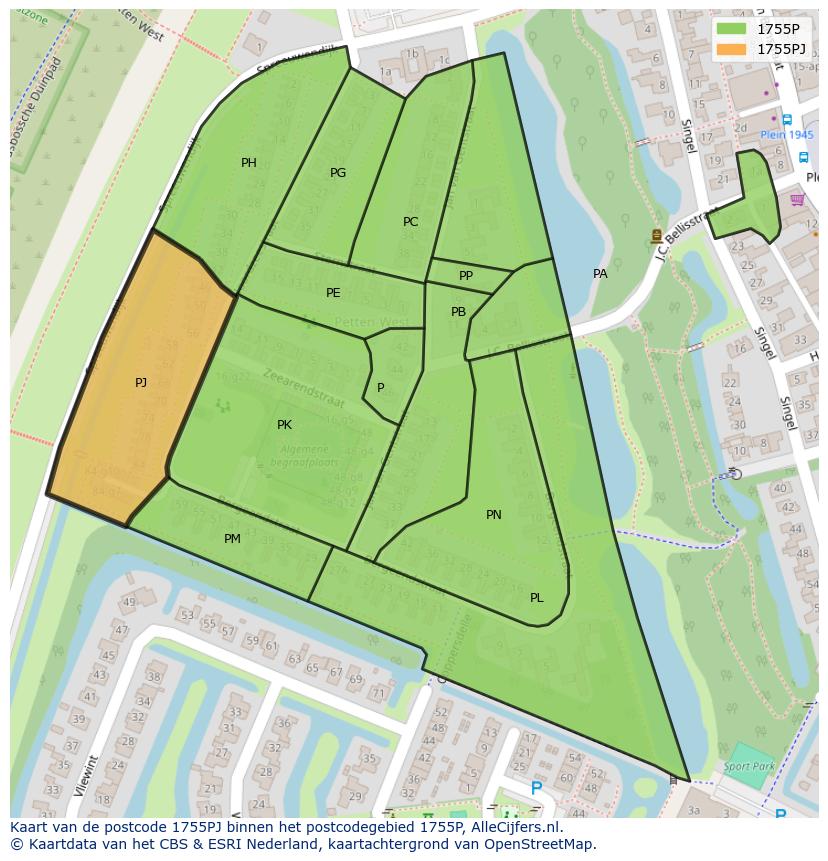 Afbeelding van het postcodegebied 1755 PJ op de kaart.