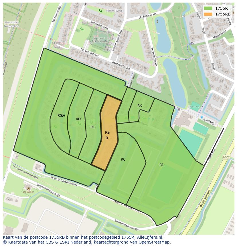 Afbeelding van het postcodegebied 1755 RB op de kaart.