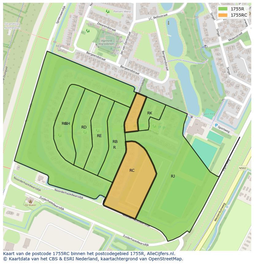 Afbeelding van het postcodegebied 1755 RC op de kaart.