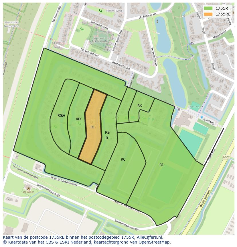 Afbeelding van het postcodegebied 1755 RE op de kaart.