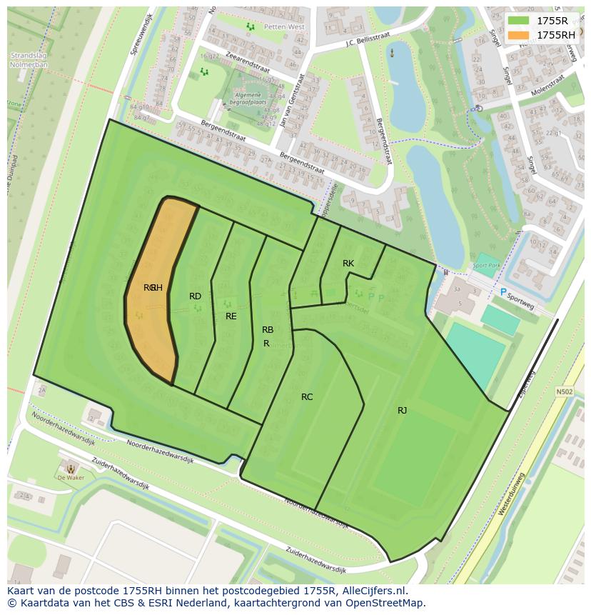 Afbeelding van het postcodegebied 1755 RH op de kaart.