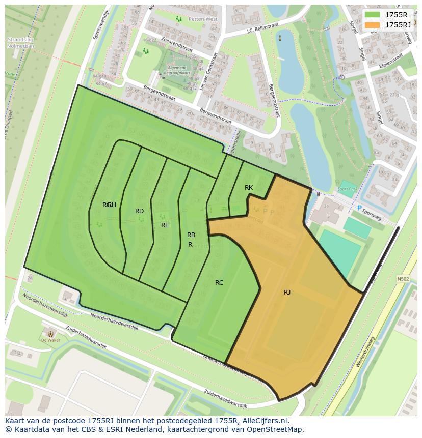 Afbeelding van het postcodegebied 1755 RJ op de kaart.