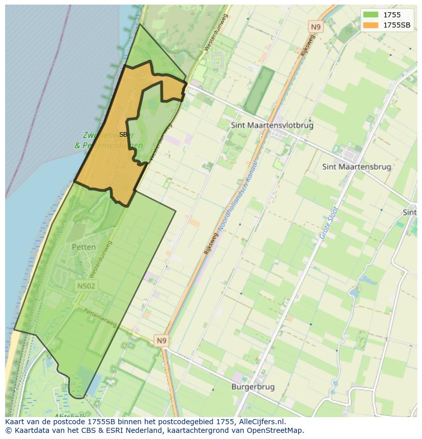 Afbeelding van het postcodegebied 1755 SB op de kaart.