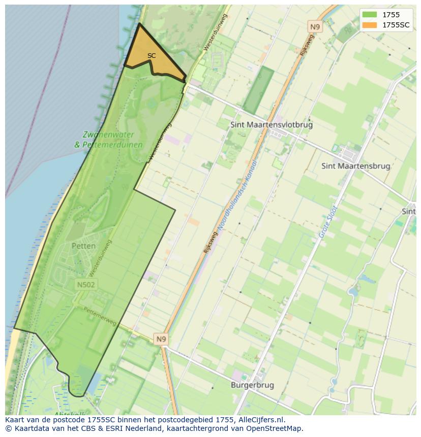 Afbeelding van het postcodegebied 1755 SC op de kaart.