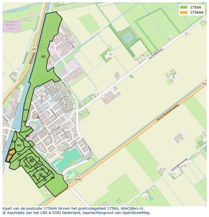 Afbeelding van het postcodegebied 1756 AA op de kaart.