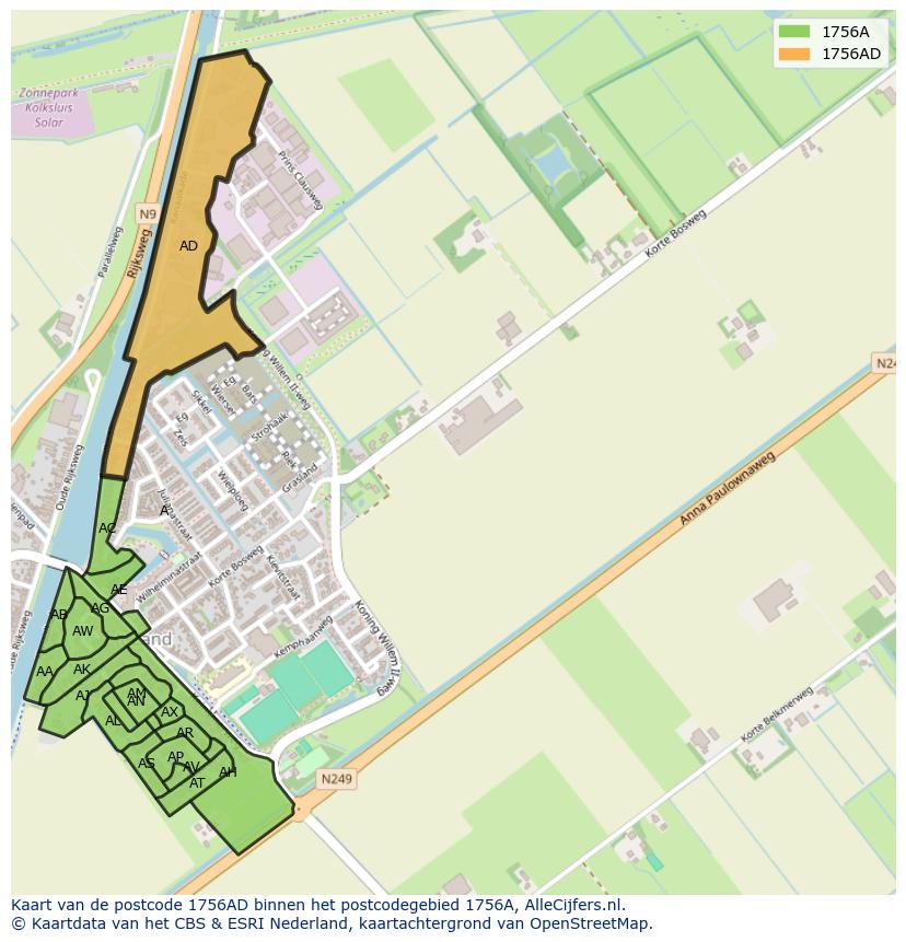 Afbeelding van het postcodegebied 1756 AD op de kaart.