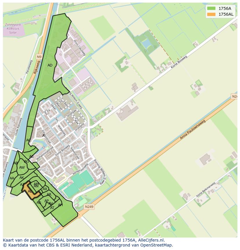 Afbeelding van het postcodegebied 1756 AL op de kaart.