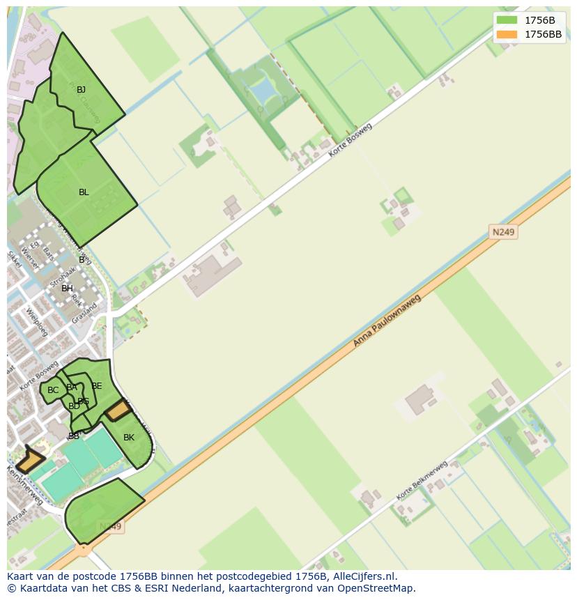 Afbeelding van het postcodegebied 1756 BB op de kaart.