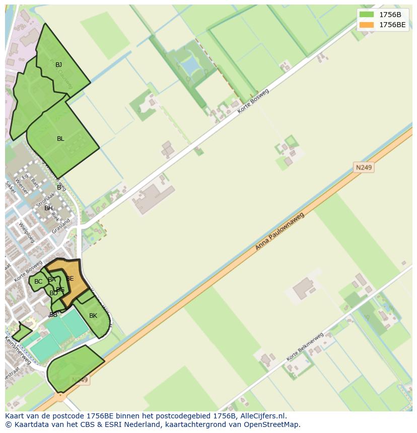 Afbeelding van het postcodegebied 1756 BE op de kaart.