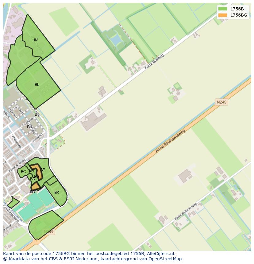 Afbeelding van het postcodegebied 1756 BG op de kaart.
