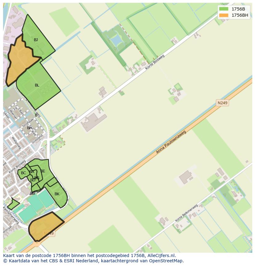 Afbeelding van het postcodegebied 1756 BH op de kaart.