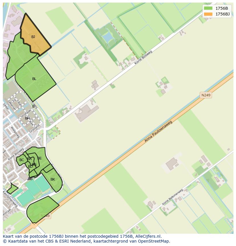 Afbeelding van het postcodegebied 1756 BJ op de kaart.