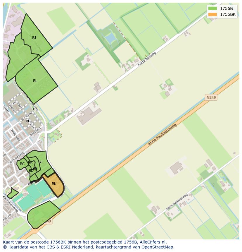 Afbeelding van het postcodegebied 1756 BK op de kaart.