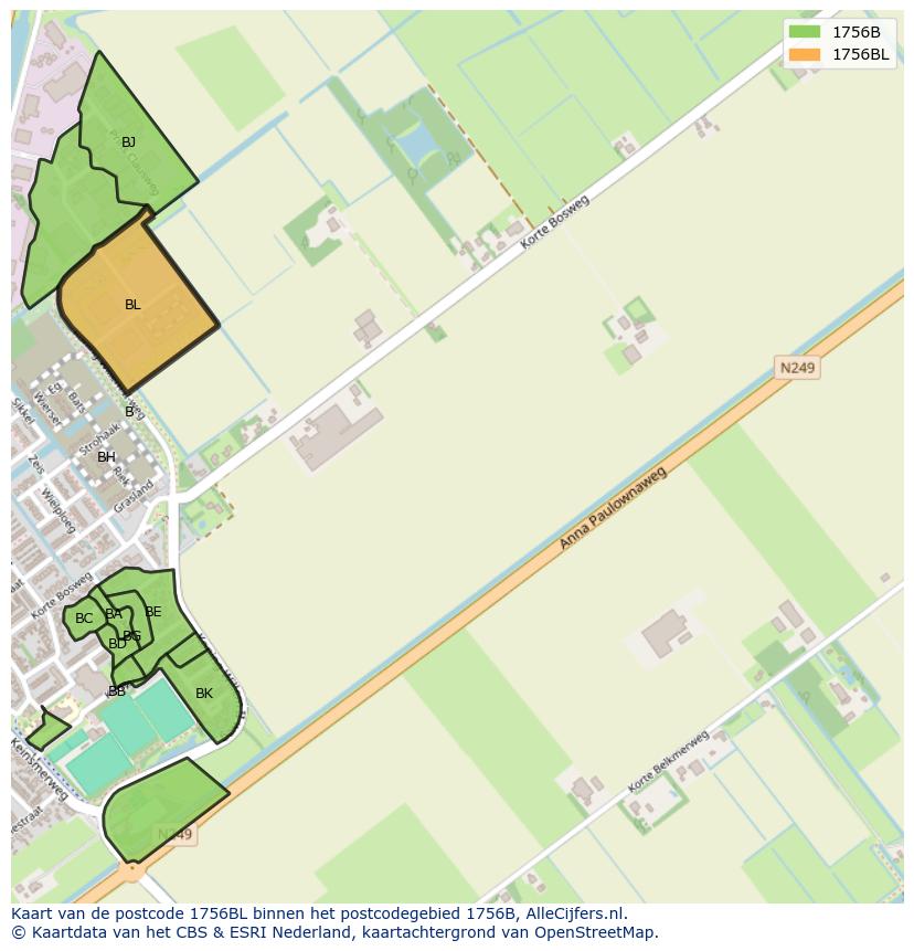 Afbeelding van het postcodegebied 1756 BL op de kaart.