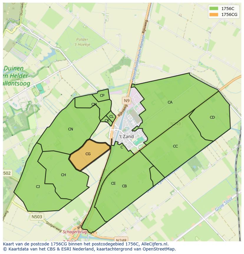 Afbeelding van het postcodegebied 1756 CG op de kaart.