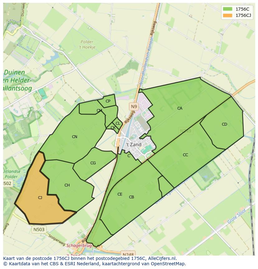 Afbeelding van het postcodegebied 1756 CJ op de kaart.