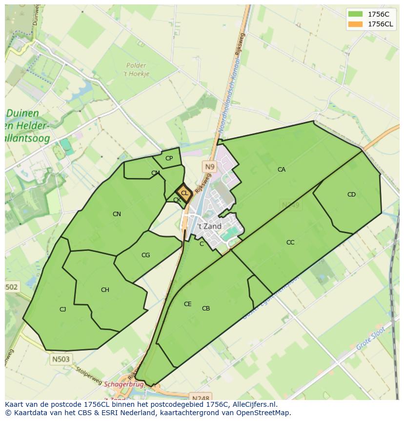 Afbeelding van het postcodegebied 1756 CL op de kaart.