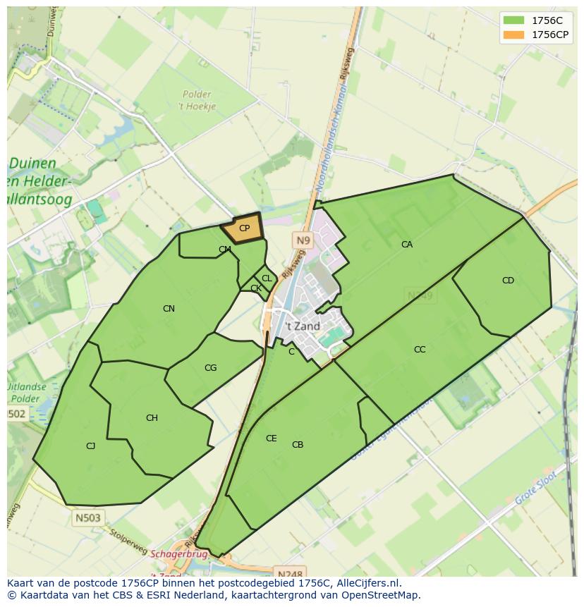 Afbeelding van het postcodegebied 1756 CP op de kaart.