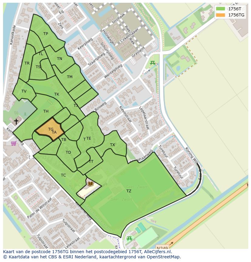 Afbeelding van het postcodegebied 1756 TG op de kaart.