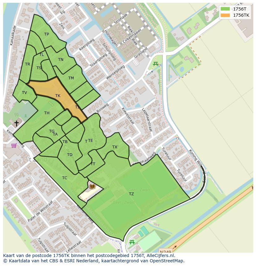 Afbeelding van het postcodegebied 1756 TK op de kaart.