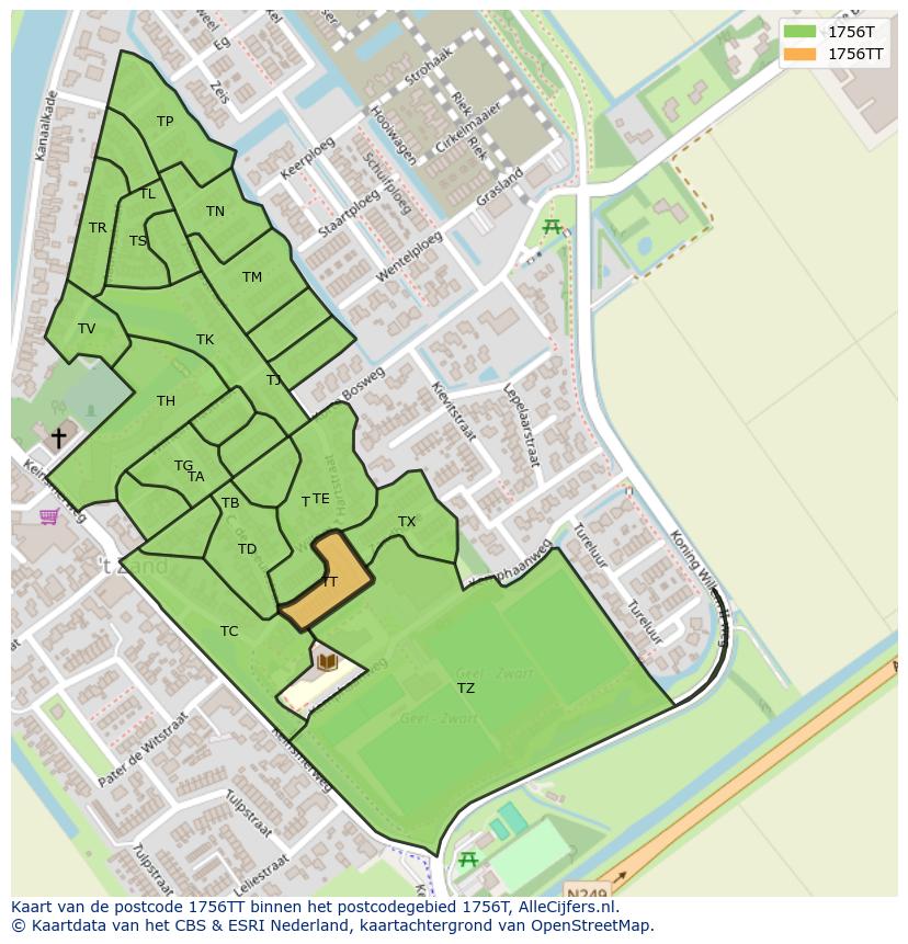 Afbeelding van het postcodegebied 1756 TT op de kaart.