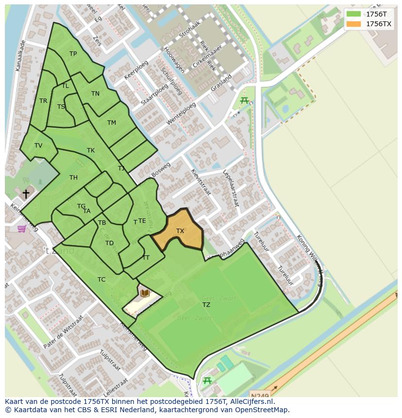 Afbeelding van het postcodegebied 1756 TX op de kaart.