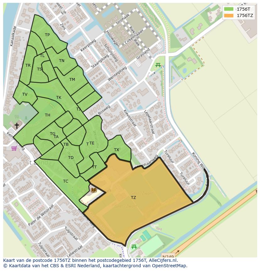 Afbeelding van het postcodegebied 1756 TZ op de kaart.
