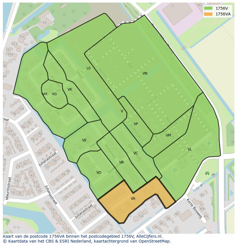 Afbeelding van het postcodegebied 1756 VA op de kaart.