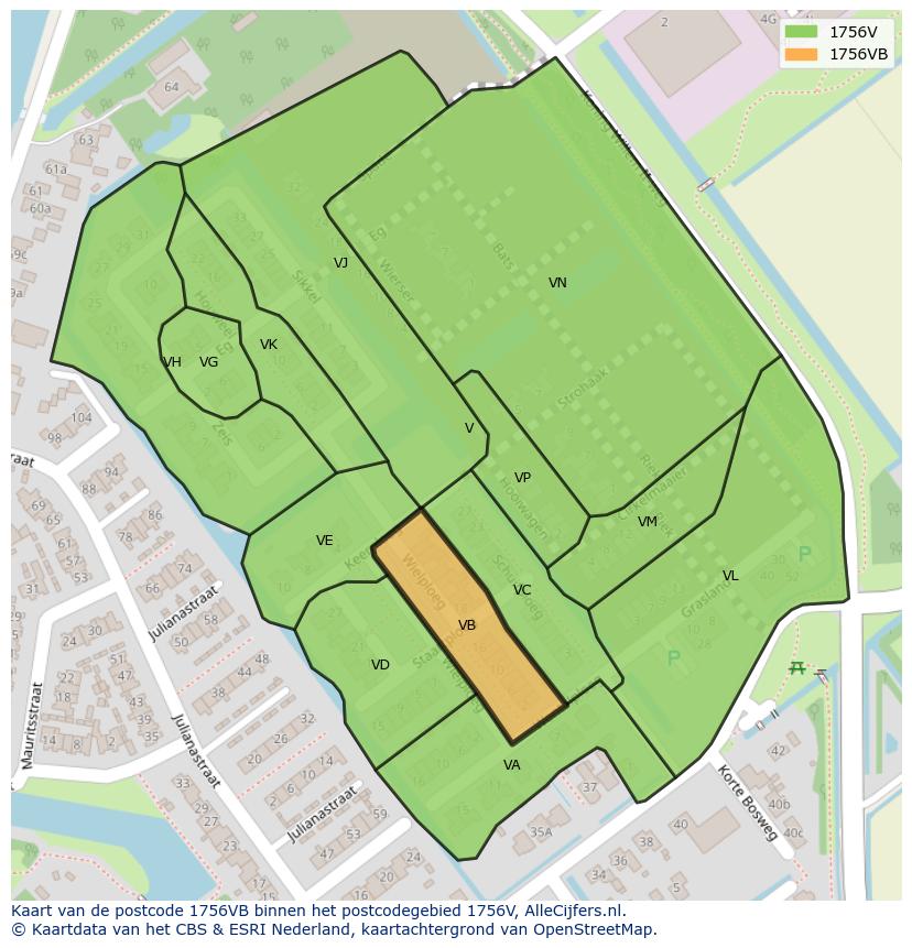 Afbeelding van het postcodegebied 1756 VB op de kaart.