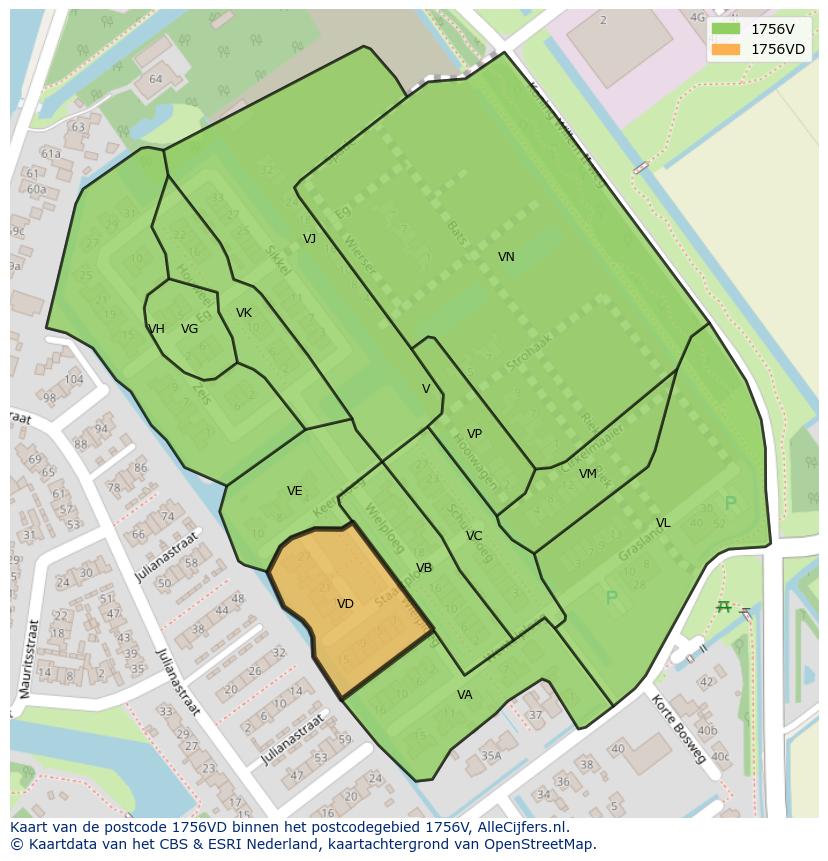 Afbeelding van het postcodegebied 1756 VD op de kaart.