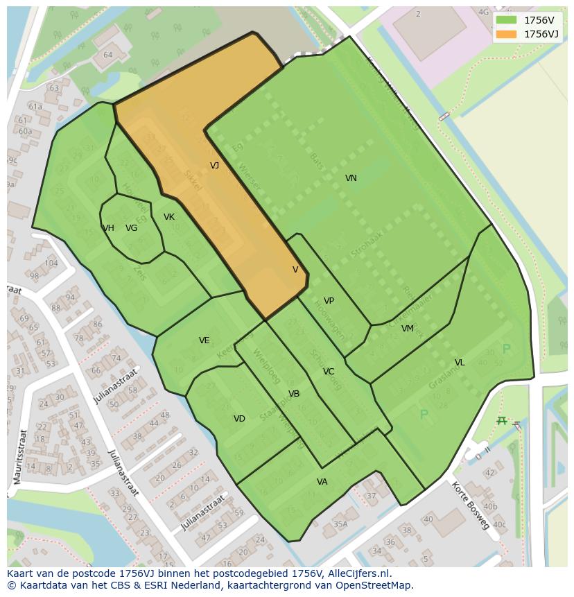 Afbeelding van het postcodegebied 1756 VJ op de kaart.