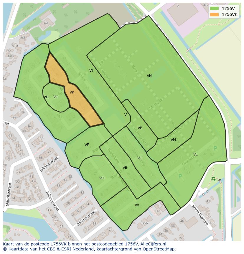 Afbeelding van het postcodegebied 1756 VK op de kaart.