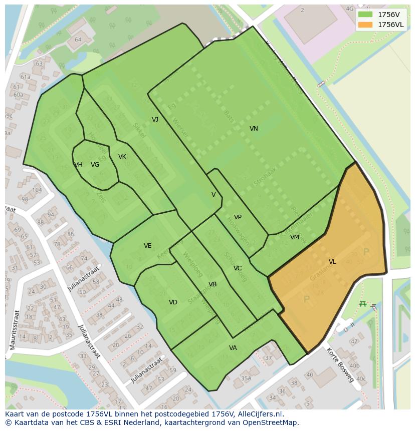 Afbeelding van het postcodegebied 1756 VL op de kaart.