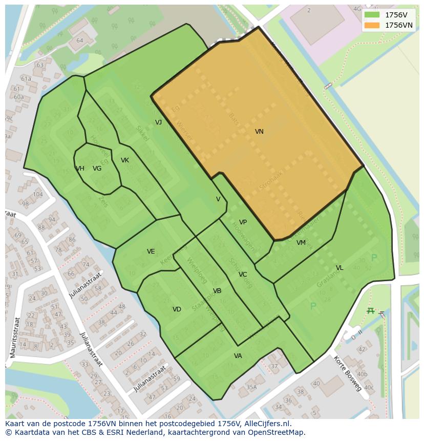 Afbeelding van het postcodegebied 1756 VN op de kaart.