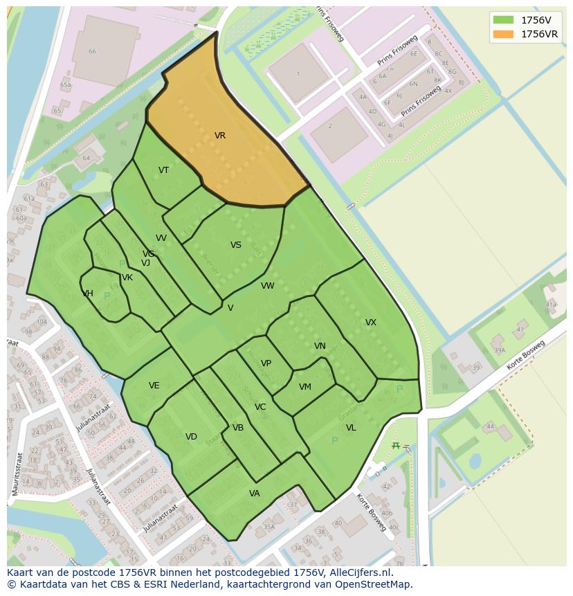 Afbeelding van het postcodegebied 1756 VR op de kaart.