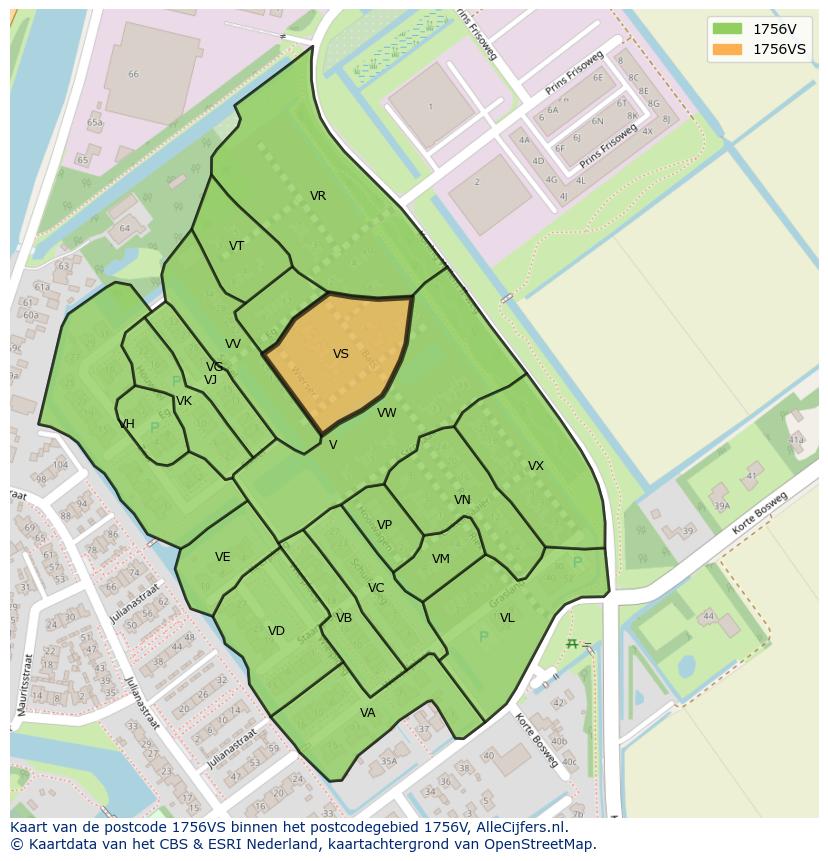 Afbeelding van het postcodegebied 1756 VS op de kaart.