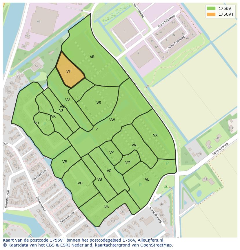 Afbeelding van het postcodegebied 1756 VT op de kaart.