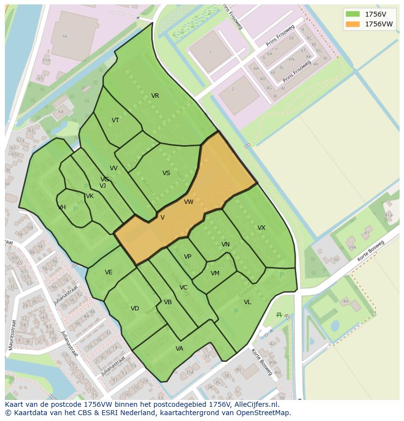 Afbeelding van het postcodegebied 1756 VW op de kaart.